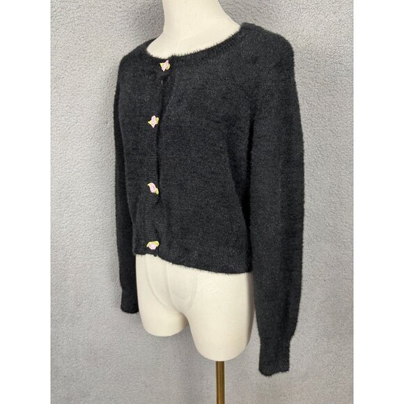 Madden Girl Women's Black Fuzzy Sweater With Flower Buttons M NWT's. - Picture 4 of 8